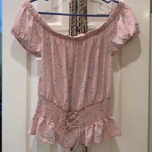 Ultra flirt off shoulder top with smocked waist